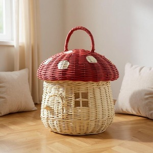 Bolsa de almacenamiento de juguetes de mimbre roja con forma de casa de hongos para niños, bolsos de mano tejidos a mano con dibujos animados, bolsas de almuerzo infantiles - Product Image 5