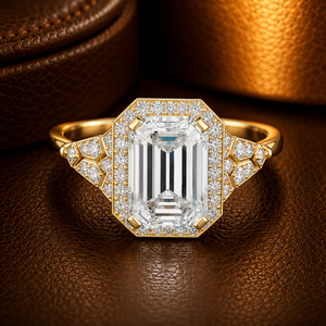 Bague de fiançailles en or jaune 14K 18K avec halo pavé de diamants de laboratoire taille émeraude, certifiée IGI DEF VVS, bijoux fins en gros - Product Image 1