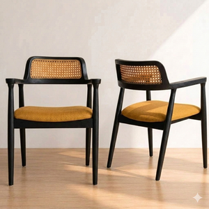 Modern Midcentury Wood Dining <b>Chair</b> with <b>Cane</b> Backrest Upholstered Linen Seat for Home Furniture - Product Image 5