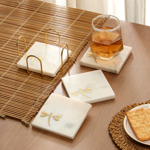 High Demand with Eco friendly <b>White</b> Marble Tea <b>Coaster</b> 4in. With Set of 4 With Holder For Home and Kitchen - Product Image 1