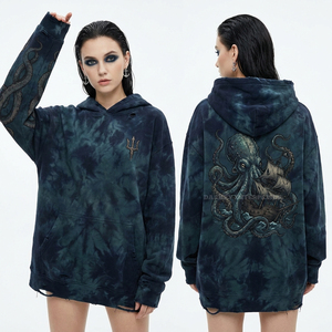 Sweat à capuche personnalisé délavé à l'acide, style vintage oversize streetwear pour femme, en molleton épais avec motif squelette de chevalier - Product Image 5