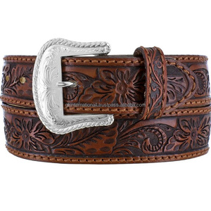 Cinturón de vaquero de cuero occidental mecanizado a mano floral para hombre con hebilla de PIN grabada floral niquelada de diseñador todos los tamaños disponibles - Product Image 2