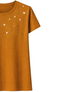 T-shirt en coton pour femme personnalisé, couleur moutarde, avec imprimé étoile en strass, manches courtes, col rond, haut décontracté pour femme, design OEM personnalisé - Product Image 4