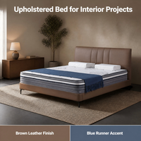 Cadre de lit moderne de luxe en cuir marron rembourré avec tête de lit à panneaux verticaux, matelas blanc et lattes en acier et bois pour mobilier de chambre