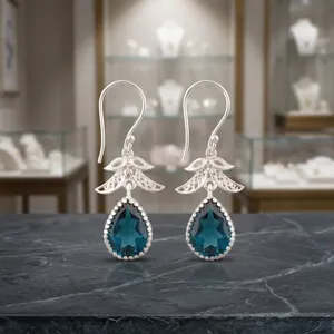 Womens 925 Sterling <b>Silver</b> Bohemian Luxury Wedding Drop <b>Earrings</b> Geometric Pattern <b>Blue</b> Apatite Bezel Set Handmade Dangle - Product Image 3