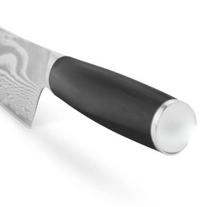 Cuchillos de cocina Santoku negros con mango redondo, hoja con patrón de remolino plateado y tapa plateada para cortar y picar verduras - Product Image 4