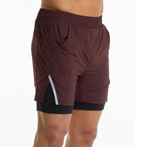 Pantalones Cortos Deportivos para Hombre, de Secado Rápido, Dos Capas, Aberturas Laterales, Transpirables, Color Borgoña, 2 en 1 - Product Image 2