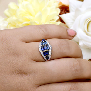 Bague en or jaune 14 carats avec saphir bleu naturel et grappe de diamants pour femme |   Bijoux fins de coupe marquise, vente en gros, OEM, ODM - Product Image 4