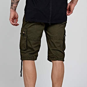 Men Olive Green Cargo Shorts Mid Waist Drawstring Closure Casual Bermuda Shorts With Side Pockets Canvas Material - Product Image 3
