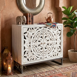 Aparador Blanco Tallado para Sala de Estar, Mueble de Almacenamiento con Puertas con Diseño Floral - Product Image 1
