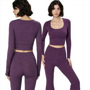 Women's Purple <b>Long</b> <b>Sleeve</b> Crop Yoga Fitness Wear Regular Fit Solid Color Activewear Breathable Eco-Friendly Quick Dry - Product Image 1