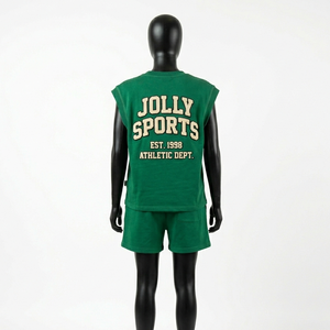 ชุดเสื้อยืดแขนกุดและกางเกงขาสั้นสำหรับผู้หญิง ผ้าฝ้ายพรีเมียม 280 GSM ผ้าเฟรนช์เทอร์รี่ พิมพ์ลายโลโก้สีเขียว ชุดเซ็ตสำหรับผู้หญิง - Product Image 2