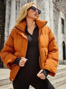 Women's Orange Quilted Puffer Jacket <b>Stand</b> Collar Zipper Closure Winter Warm Coat Full Sleeve Regular Length - Product Image 3
