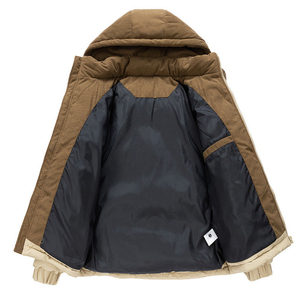 <b>Men's</b> Khaki Brown Hooded Puffer <b>Jacket</b> <b>Corduroy</b> Color Block Warm Quilted Winter Zip Up Coat Cheap Price Wholesale Rate - Product Image 6