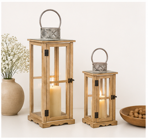 Set of 2 <b>Large</b> Farmhouse Wooden <b>Lanterns</b> Rustic Decorative Floor Candle Holders with Metal Handle for Indoor Outdoor Wedding - Product Image 6