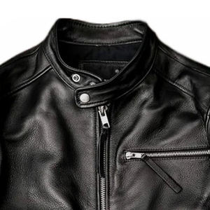 <b>Men's</b> Genuine <b>Leather</b> Motorcycle <b>Jacket</b> Stand Collar Zipper Closure Regular Fit Solid Black Moto Biker Style Autumn Wear - Product Image 5