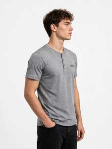 Oneten Apparel <b>Men's</b> Grey <b>Henley</b> T-<b>Shirt</b> 300 Grams Jersey Cotton Breathable Front Print Short Sleeve Casual Regular Fit - Product Image 4