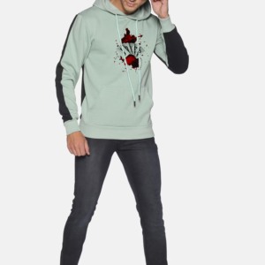 Men's <b>Mint</b> <b>Green</b> Hooded Sweatshirt with Front Logo Design Regular Fit Casual Pullover Winter Discharge Printing Solid Pattern - Product Image 2