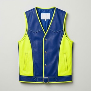Chaleco de Cuero Genuino para Hombre, Diseño Color Block, Cuello en V, Bolsillo Frontal, Cintura Ajustable con Cinturón - Product Image 1