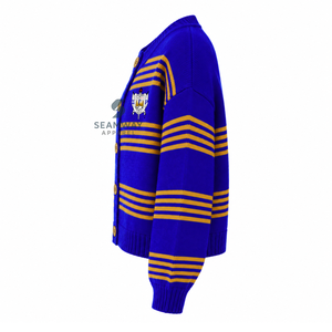 Cardigan en tricot rayé pour femmes de la sororité Sigma Gamma Rho, boutonné, manches longues, col rond, bleu et or brodé, pull décontracté - Product Image 3