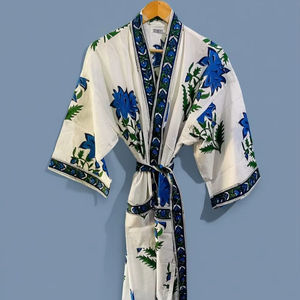 Robe Kimono en Coton Imprimé à la Main Motif Floral Bleu, Tenue de Mariée Prête à Porter pour Femme - Product Image 1