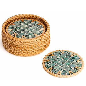 Rattan Mother Of Pearl Coaster <b>Placemat</b> Indian Handmade Rattan Coasters Set with Mother Pearl Mosaic Rattan Coaster - Product Image 3