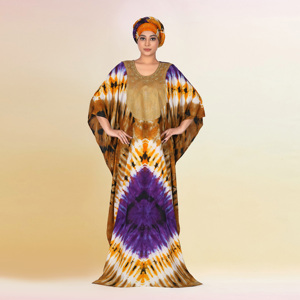 Kaftan Farasha en Rayonne Grande Taille à Motif Tie-Dye Abstrait Audacieux, Col Orné, Manches Fluides, Infroissable et Respirant - Product Image 2