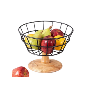 Metal <b>Wire</b> Fruit <b>Basket</b> Bowl Shape With Wooden Base Modern Storage <b>Basket</b> For Kitchen Use Home Storage <b>Basket</b> - Product Image 1