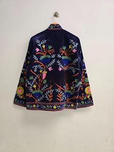 New Arrival Handcrafted Navy Blue Velvet <b>Jacket</b> with Vibrant Floral Suzani Embroidery and <b>Mandarin</b> <b>Collar</b> <b>Jacket</b> - Product Image 3