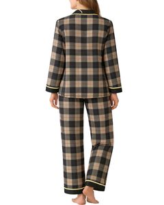 Ensemble de pyjama pour femmes en coton doux à carreaux beige et noir, manches longues, boutonné, vêtements de nuit, ensemble de deux pièces, ensemble confortable pour se détendre - Product Image 2