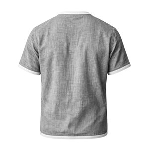 T-shirt à manches courtes en coton et lin respirant et écologique pour homme, avec bordure contrastée, poche poitrine, coupe classique, style décontracté - Product Image 6