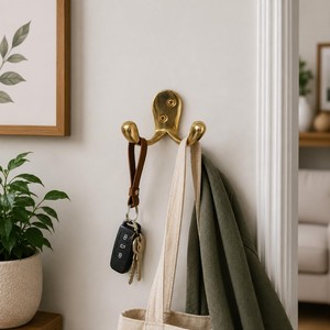 SHUBHAM Solid Brass Double Wall <b>Hook</b> <b>Decorative</b> <b>Coat</b> Rail <b>Hook</b> Gold Finish for Home Entryway Bathroom - Product Image 1