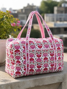 Women’s Hand Block Print Cotton Quilted Duffle <b>Bag</b> | Floral Weekender Travel <b>Bag</b> | Handmade Overnight Tote | <b>Boho</b> Gym <b>Bag</b> - Product Image 3