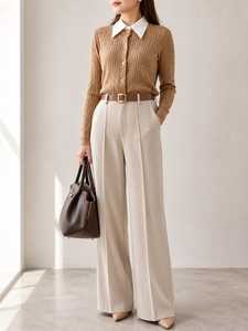Pantalon large taille haute pour femme, couleur unie, en satin, coupe ample, longueur complète, élégant, pour l'automne, avec ceinture - Product Image 4