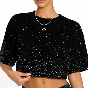 Camisa Corta de Mujer Personalizada con Pedrería de Lujo, Estilo Holgado, Moda Urbana, Manga Corta - Product Image 1