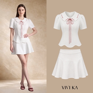 Conjunto de Dos Piezas Texturizado Blanco para Mujer, Blusa con Cuello Peter Pan y Falda Mini de Cintura Alta con Corte en A, EROVA - Product Image 1
