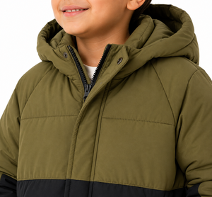 Blouson matelassé à capuche pour garçons, couleur olive et noir, chaud, hiver, manches longues, léger, fermeture éclair - Product Image 4