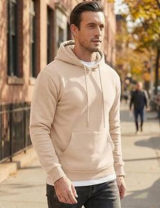 Sudadera con Capucha para Hombre, Color Sólido, Corte Regular, Tejido de Felpa, Estilo Casual Otoñal, Beige - Product Image 4