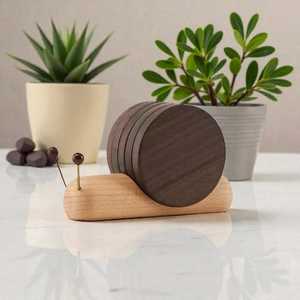 Dark Walnut Snail Coaster Set – Wooden Tea <b>Cup</b> & Mug <b>Mat</b> - Product Image 2