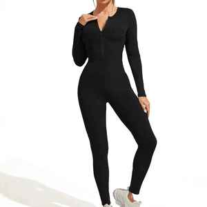 New Hot Sale Solid Color Ribbed Full Sleeves Zipper Skinny High Waist Breathable Quick Dry Women's <b>Bodysuit</b> - Product Image 1