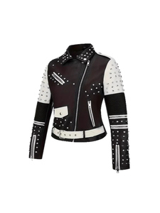 Blouson Moto Femme en Cuir PU Noir et Blanc, Manches Longues, Rivets Décoratifs, Fermeture Éclair, Col Rabattu, Style Automne – Vente en Gros - Product Image 6
