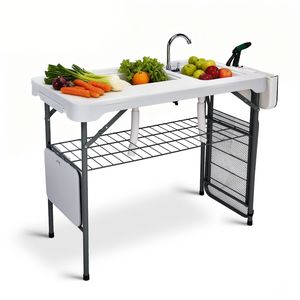Tavolo Portatile per Pulizia Pesci da 42,5 Pollici con Doppio Lavello, Tavolo Pieghevole da Campeggio con Rubinetto, Spruzzatore e Griglia, Design a Doppio Lavello - Product Image 4