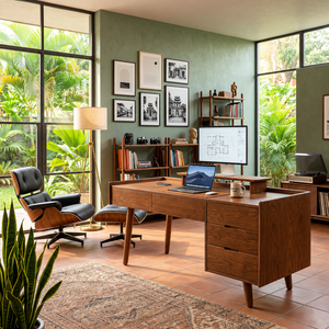 Bureau d'écriture autoportant en bois de chêne massif de luxe, style Mid-Century Modern, avec tiroir de rangement, poste de travail pour bureau à domicile ou chambre - Product Image 2