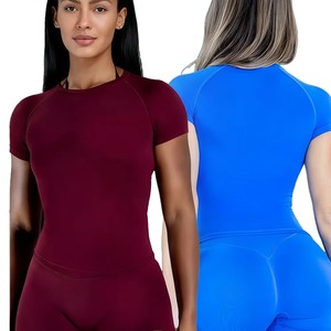 Nuevo conjunto de pantalones cortos de Yoga sin costuras de dos piezas para mujer, gimnasio, Fitness, transpirable, ajustado, realce de glúteos, ropa deportiva, logotipo frontal - Product Image 1
