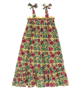 Amazing Floral Printed Yellow Long Sleeveless Cotton Dress With Beautiful Shoulder Strap To Tie Up For Pretty Mum &Cute Daughter - Product Image 1