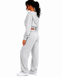 Ensemble sweat-shirt court à capuche gris zippé et pantalon long en molleton uni à manches longues pour femme grande taille, décontracté toutes saisons - Product Image 4