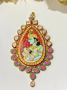 Conjunto de Collar y Pendientes Krishna, Pintado a Mano con Rubíes y Kundan, Chapado en Oro sobre Latón, Certificado por IGI, Joyería Tradicional India para Novias - Product Image 2