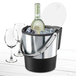 Refroidisseur à vin moderne bicolore en acier inoxydable et noir avec poignée, glacière isotherme argentée et noire pour boissons - Product Image 5