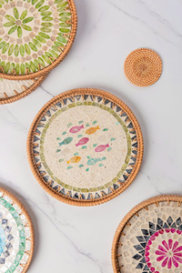 <b>Round</b> mother-of-pearl inlaid <b>tray</b> for holding glasses. A serving <b>tray</b> for the family kitchen,Fish pattern - Product Image 2