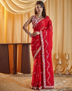 KV <b>Red</b> Embroidered Designer Saree With Unstitched <b>Blouse</b> - Product Image 4